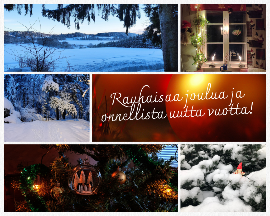 kollaasi talvisia ja jouluisia kuvia, joiden päällä hyvän joulun ja onnellisen uuden vuoden toivotusteksti